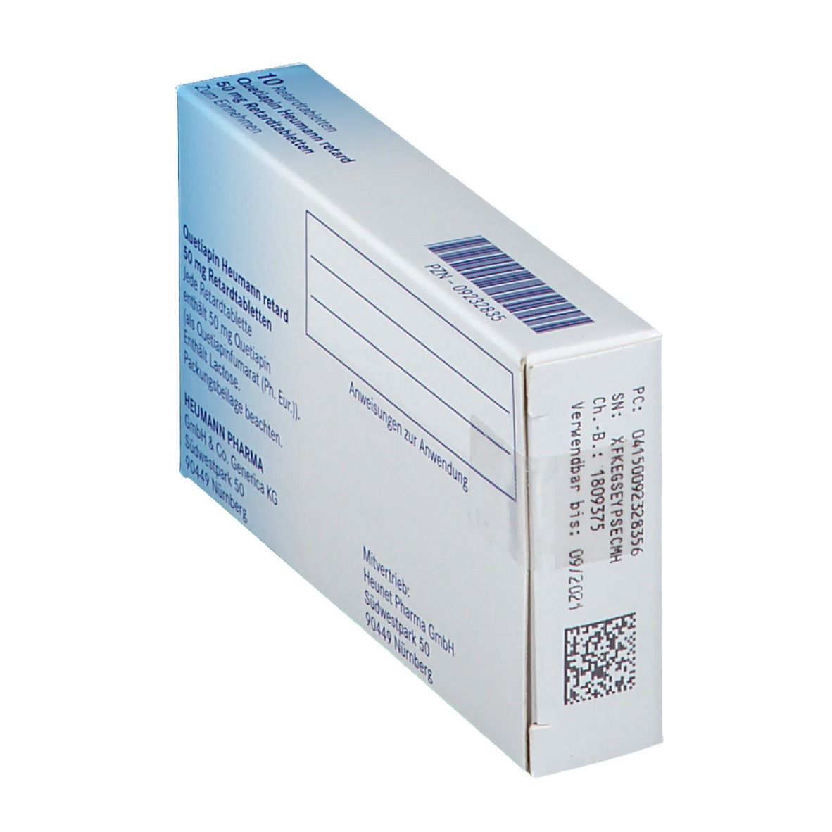 Schachtel "Quetiapin Heumann retard 50 mg". Rückseite mit Text und QR-Code. Weiße Schachtel mit blauen Akzenten.