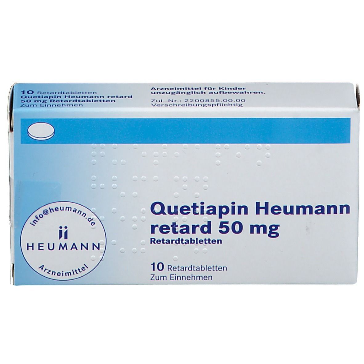 Schachtel "Quetiapin Heumann retard 50 mg". 10 Retardtabletten. Blaue und weiße Farbgebung. "Heumann" Logo.