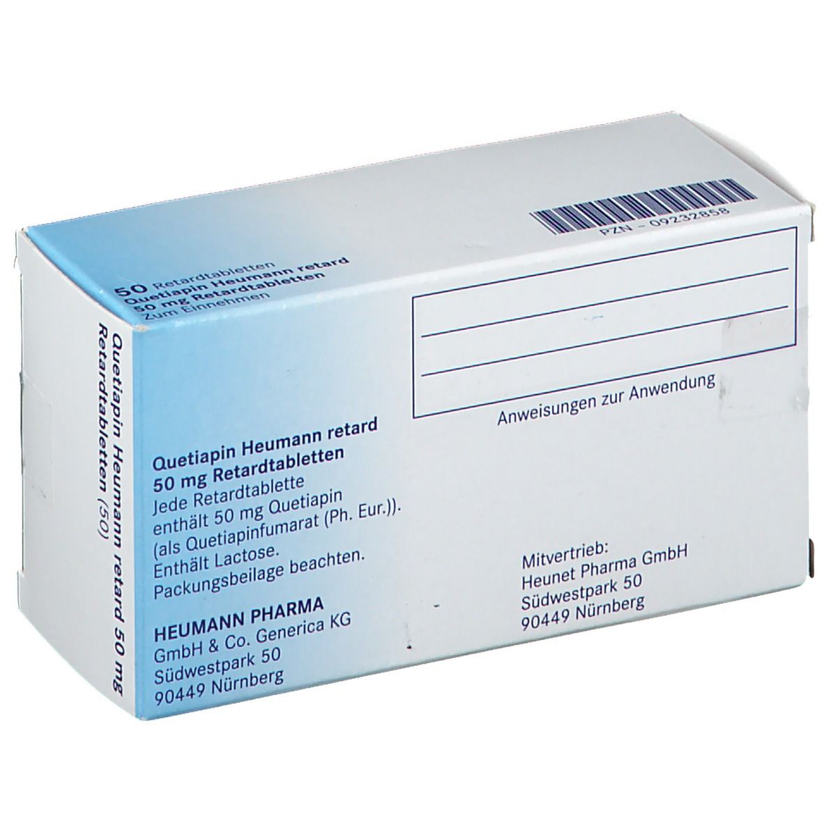 Rückseite der Schachtel Quetiapin Heumann retard 50 mg. Textinformationen und Herstellerangaben.