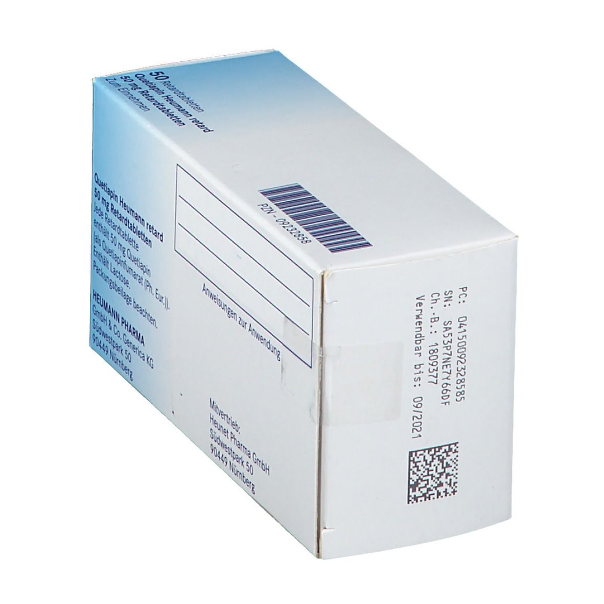Rückseite der Schachtel Quetiapin Heumann retard 50 mg. Barcode, Chargennummer und Verfallsdatum.