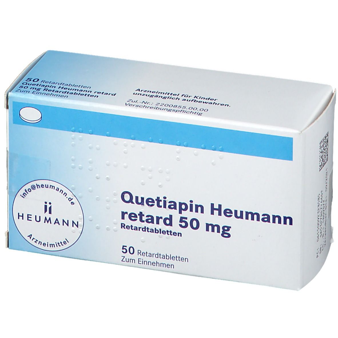 Schachtel Quetiapin Heumann retard 50 mg. Weiße und blaue Verpackung. Produktname und Logo deutlich sichtbar.