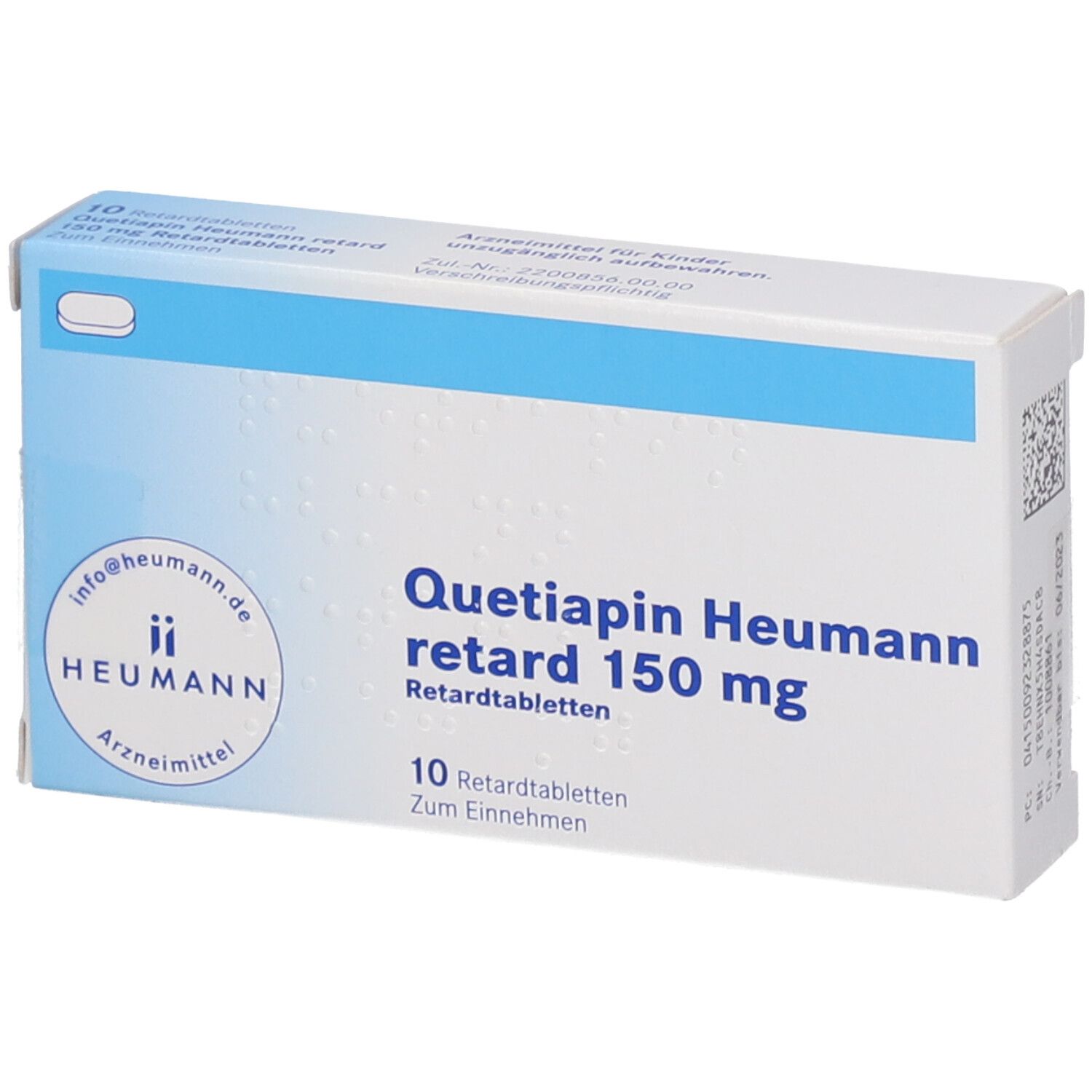 Schachtel mit "Quetiapin Heumann retard 150 mg". Blaue und weiße Farbgebung. 10 Retardtabletten. Heumann Logo.