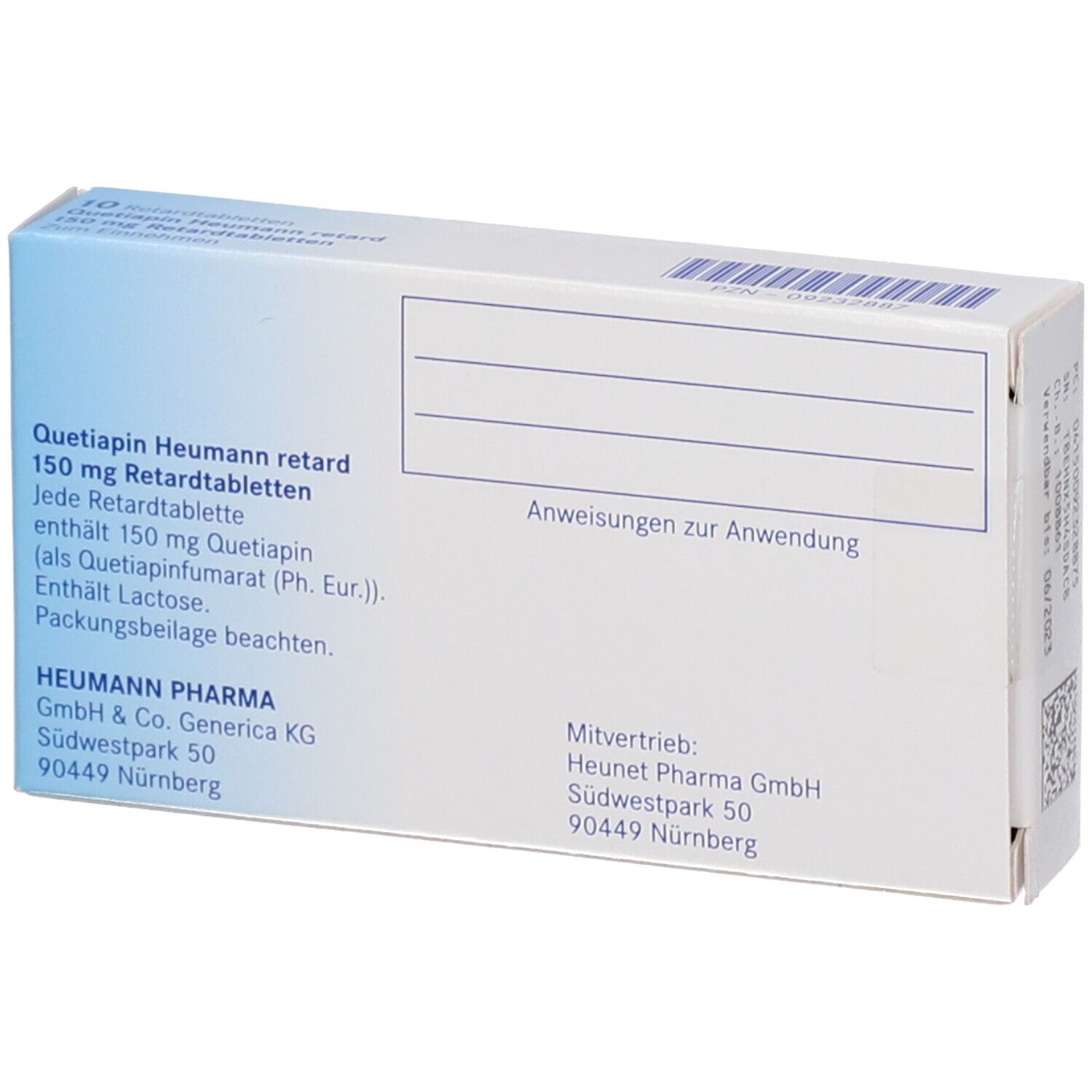 Rückseite der Schachtel "Quetiapin Heumann retard 150 mg". Textinformationen und QR-Code. Herstellerinformationen.