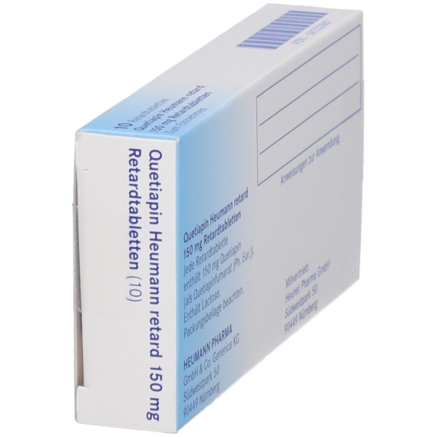 Schachtel "Quetiapin Heumann retard 150 mg". Schräge Ansicht der Rückseite. Textinformationen und QR-Code.