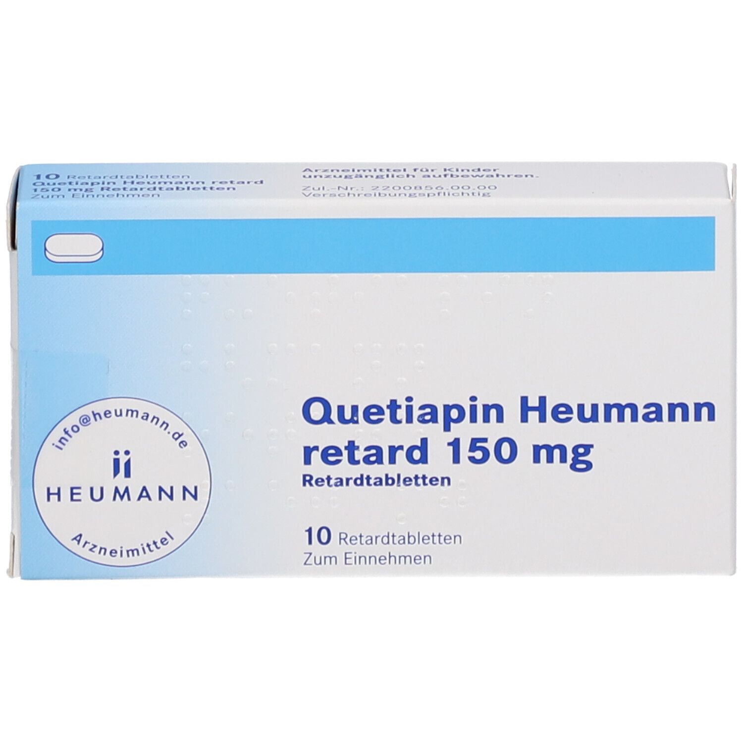 Schachtel "Quetiapin Heumann retard 150 mg". Vorderansicht. Blaue und weiße Farbgebung. 10 Retardtabletten. Heumann Logo.