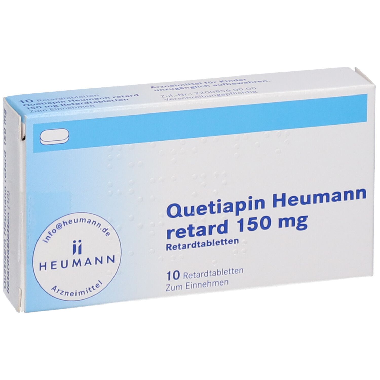 Schachtel "Quetiapin Heumann retard 150 mg". Vorderansicht. Blaue und weiße Farbgebung. 10 Retardtabletten. Heumann Logo.