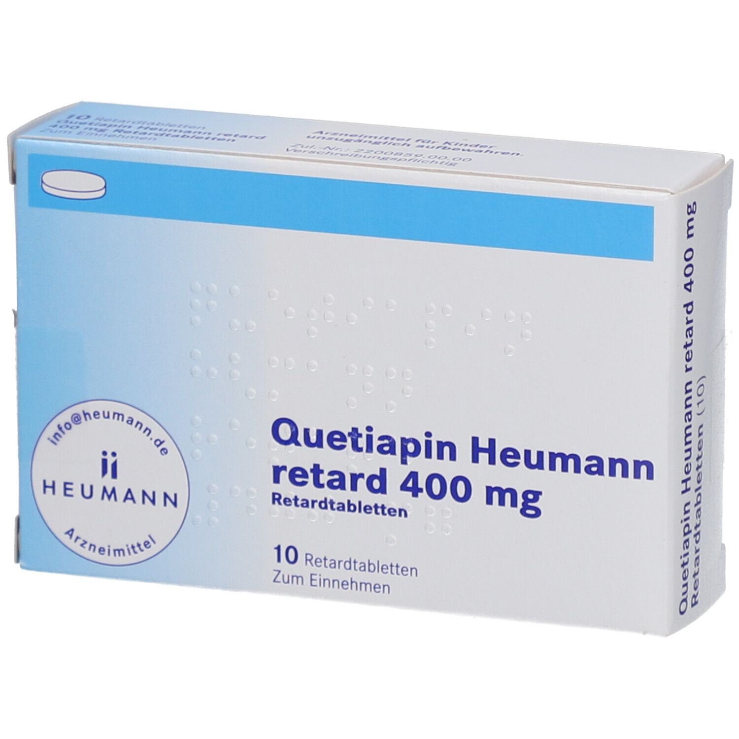 Schachtel mit Quetiapin Heumann retard 400 mg Tabletten. Blaue und weiße Verpackung mit Produktnamen und Logo.