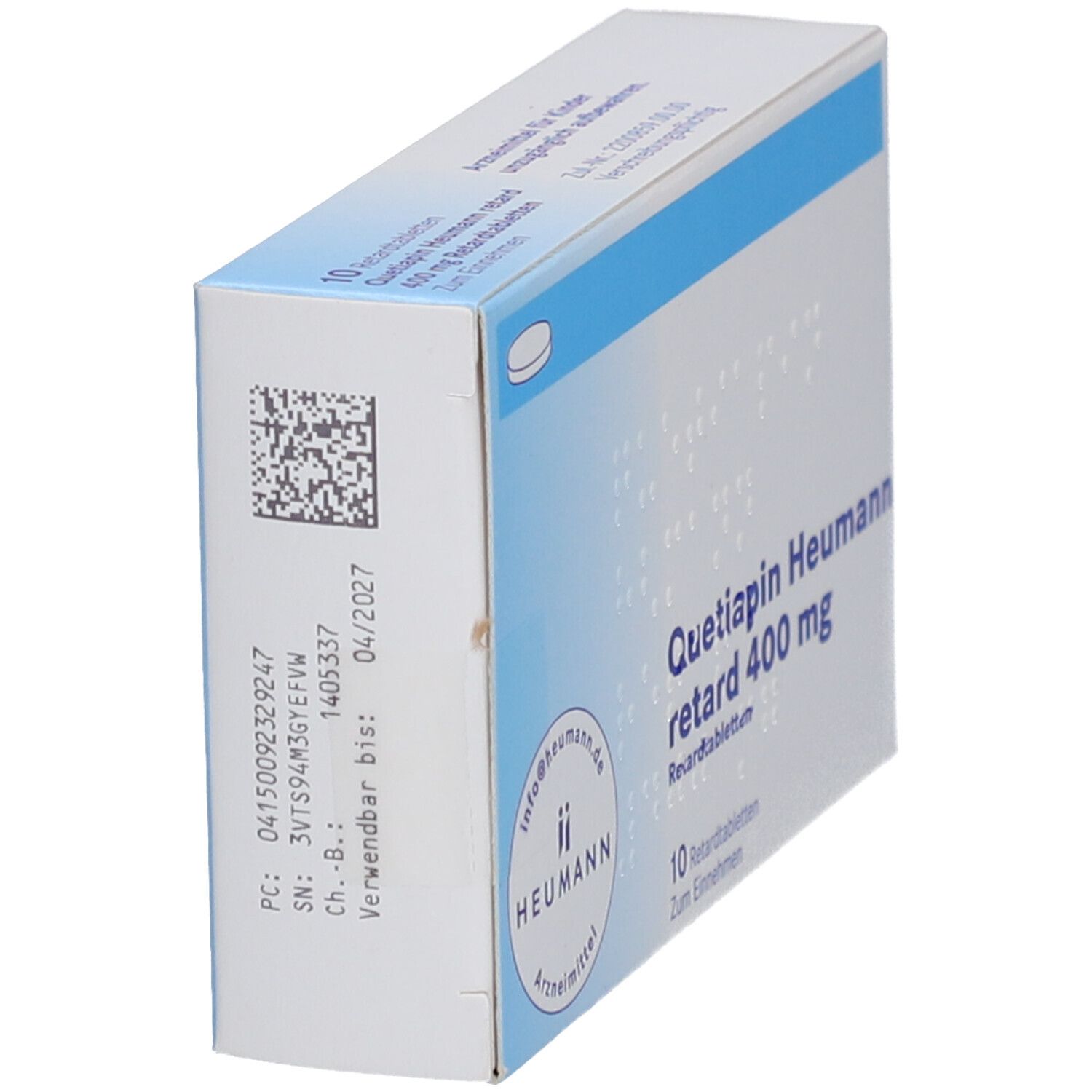 Schachtel Quetiapin Heumann retard 400 mg, schräg. Verpackung mit Produktinformationen, Chargennummer und Verfallsdatum.