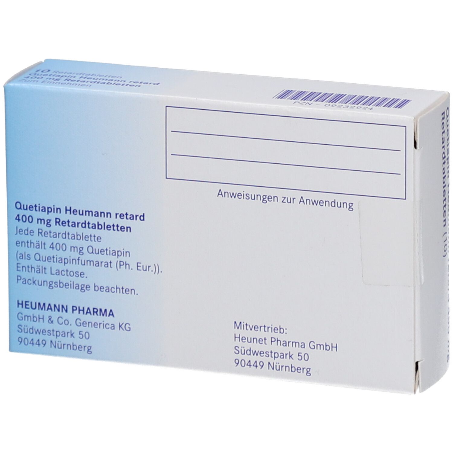 Rückseite der Schachtel Quetiapin Heumann retard 400 mg. Text mit Produktinformationen und Herstellerangaben.