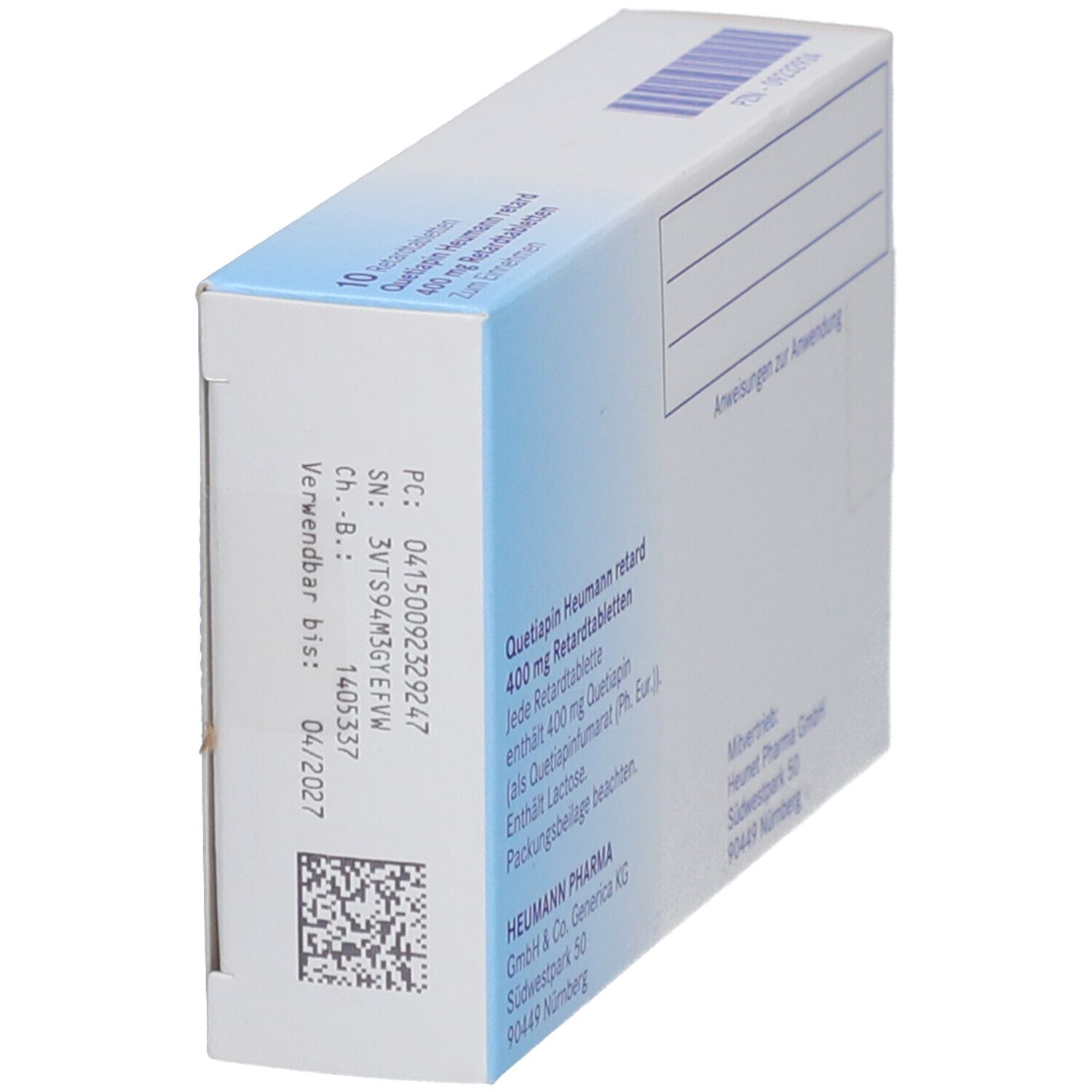 Schachtel Quetiapin Heumann retard 400 mg, schräg. Rückseite mit Produktinformationen und Herstellerangaben.