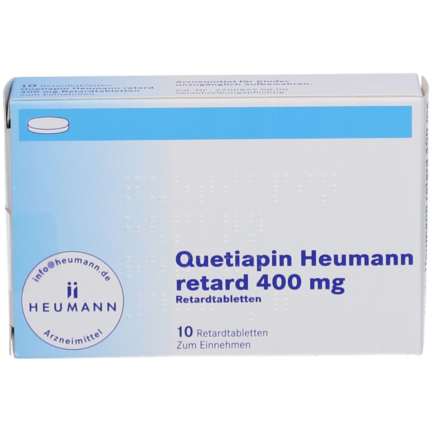 Schachtel Quetiapin Heumann retard 400 mg. Weiße und blaue Verpackung mit Produktnamen und Logo.