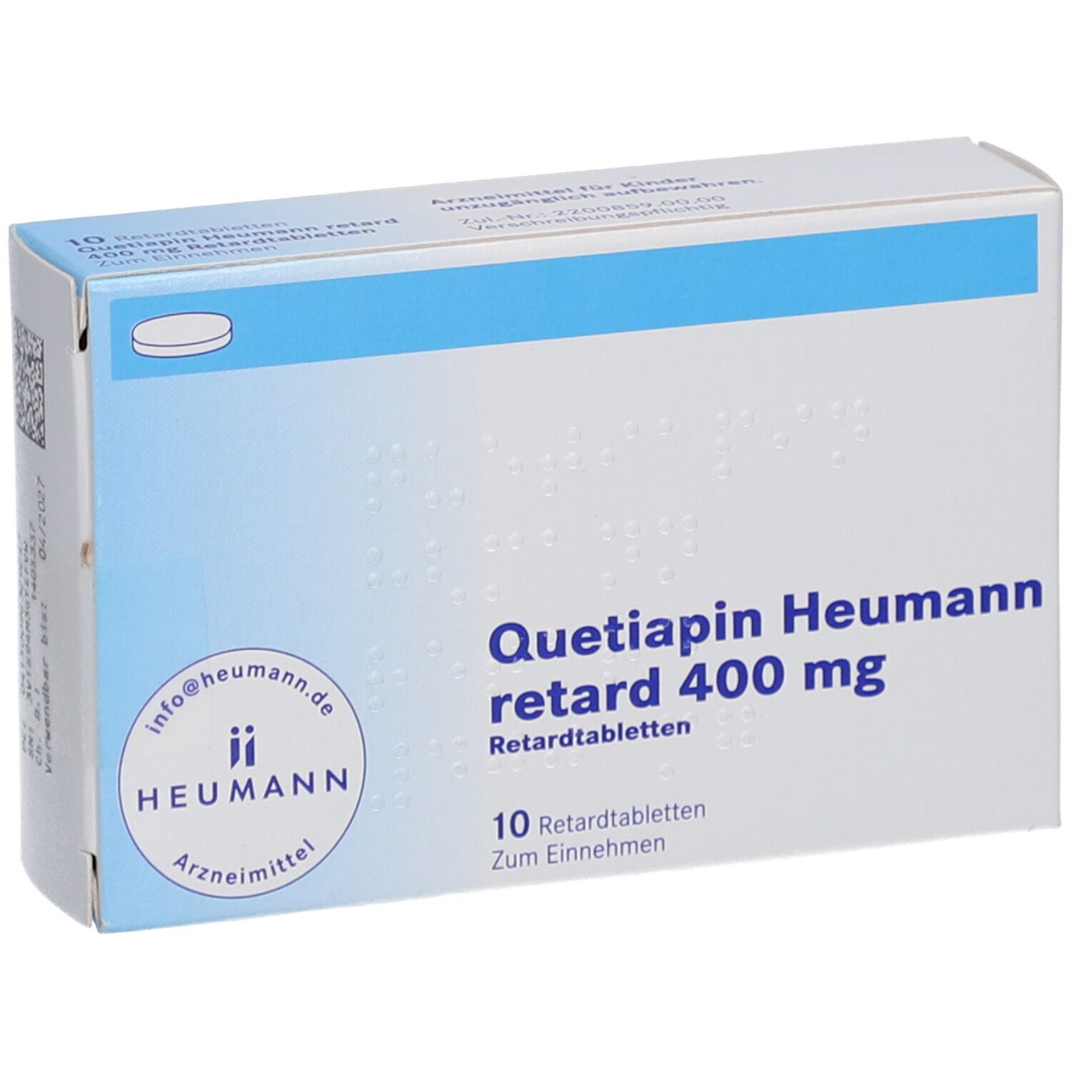Schachtel Quetiapin Heumann retard 400 mg. Weiße und blaue Verpackung mit Produktnamen und Logo.