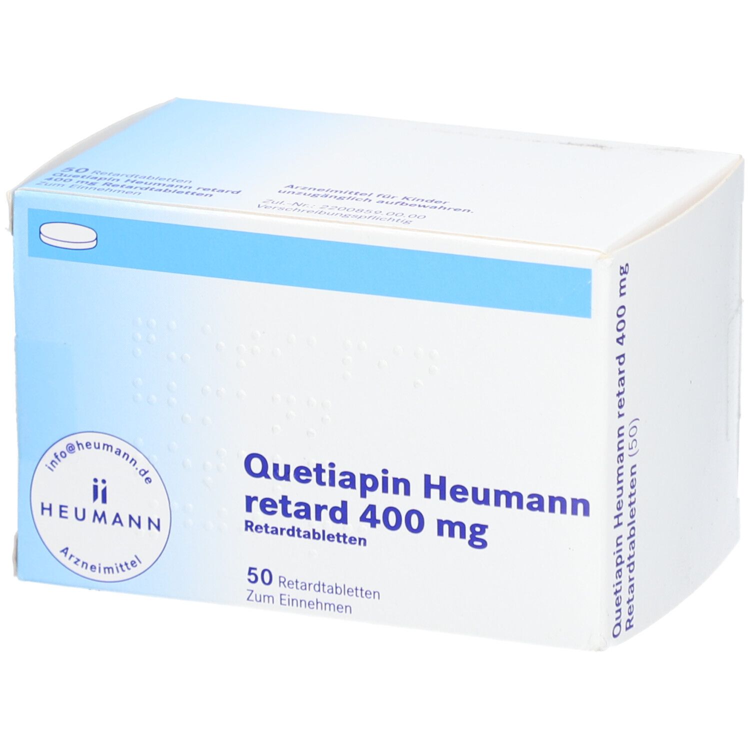 Schachtel mit "Quetiapin Heumann retard 400 mg". 50 Retardtabletten. Heumann Logo. Blaue und weiße Verpackung.