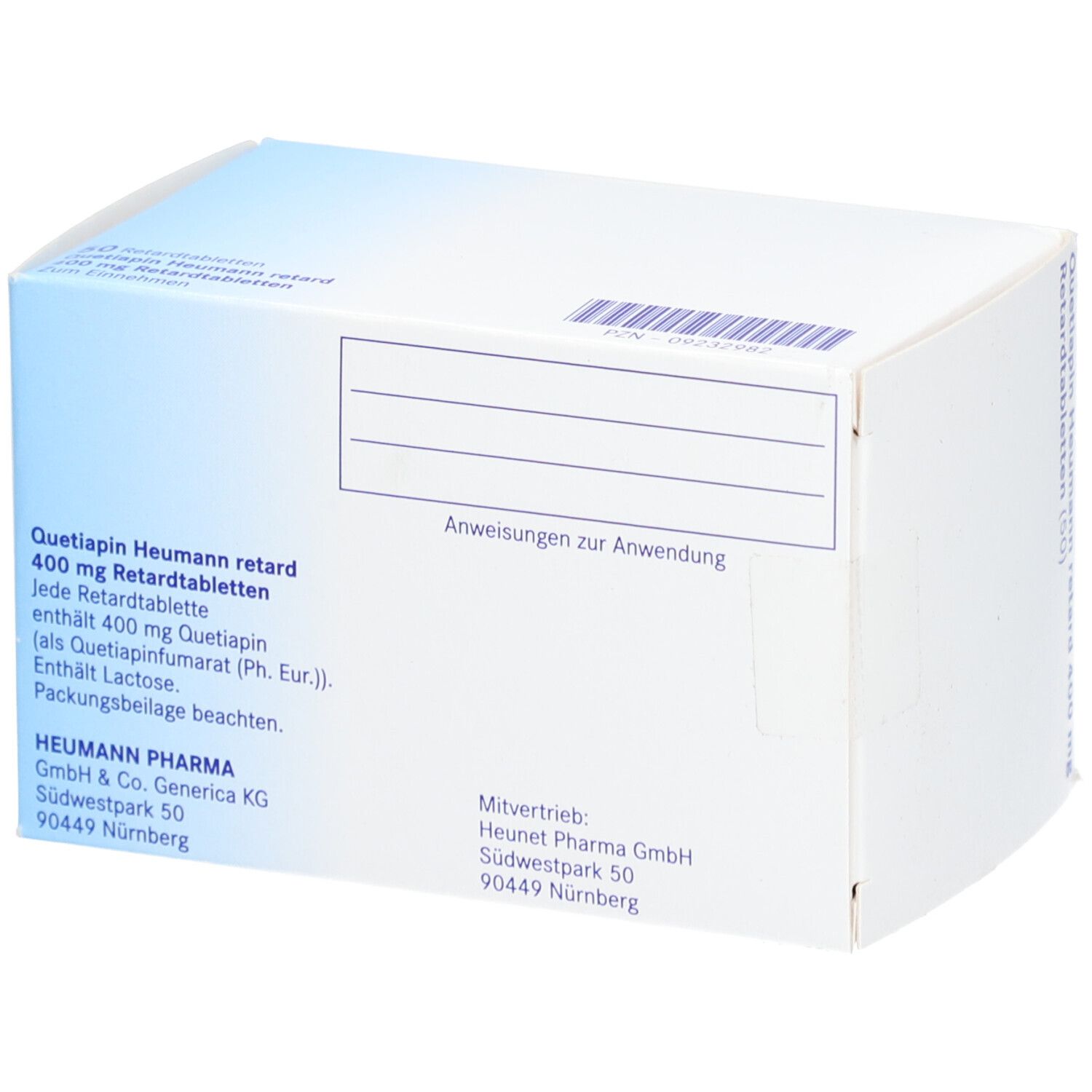 Schachtel "Quetiapin Heumann retard 400 mg". Rückseite mit Text und Herstellerinformationen. Heumann Logo. Weiße und blaue Verpackung.