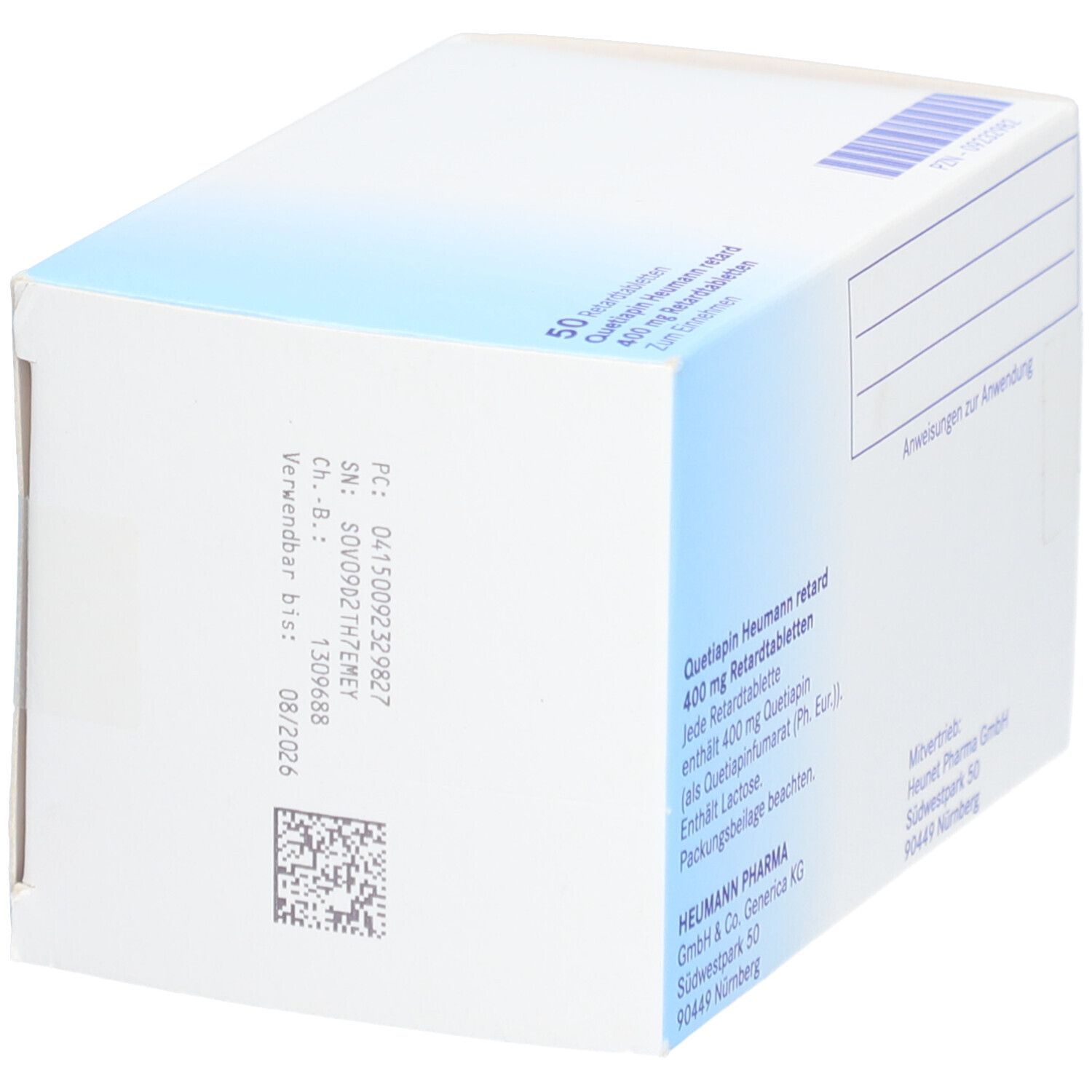 Schachtel "Quetiapin Heumann retard 400 mg". Rückseite mit Text und Barcode. Heumann Logo. Weiße und blaue Verpackung.