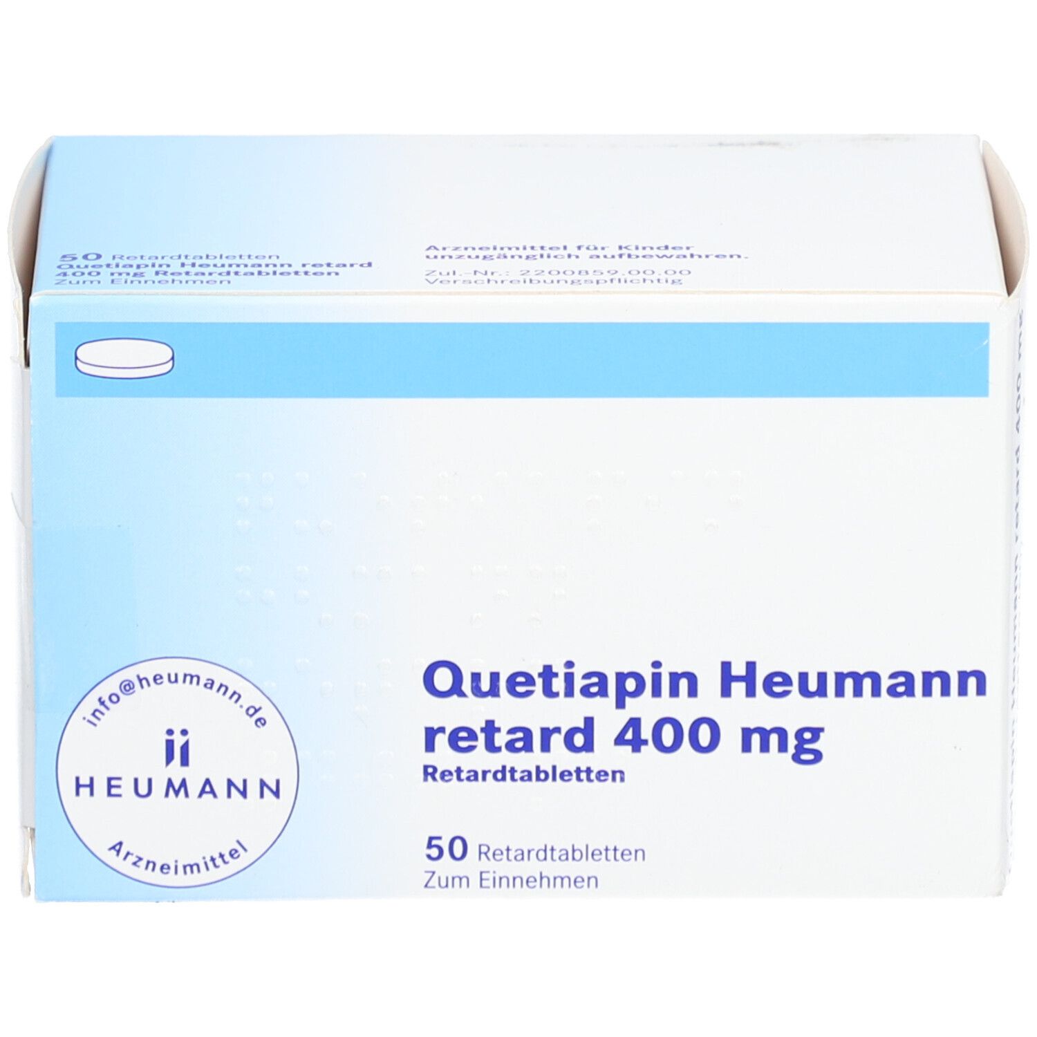 Schachtel "Quetiapin Heumann retard 400 mg". 50 Retardtabletten. Heumann Logo. Blaue und weiße Verpackung.