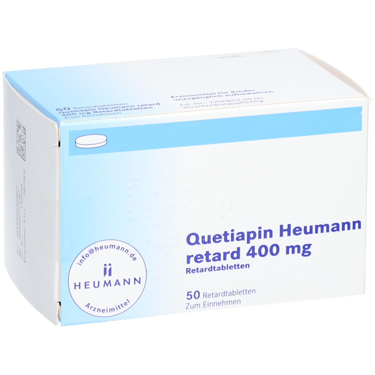 Schachtel "Quetiapin Heumann retard 400 mg". 50 Retardtabletten. Heumann Logo. Blaue und weiße Verpackung.