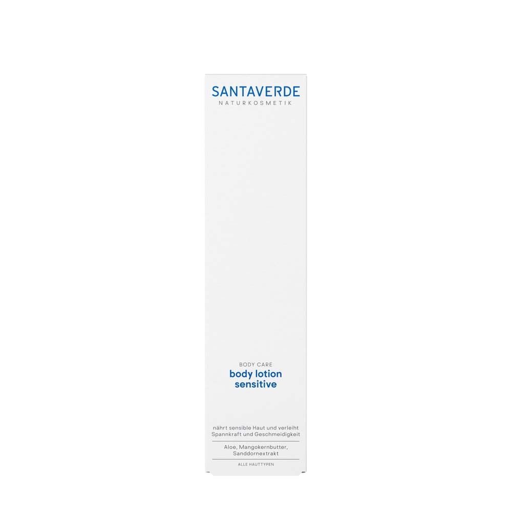Weiße Verpackung SANTAVERDE body lotion sensitive. Produkt für empfindliche Haut.