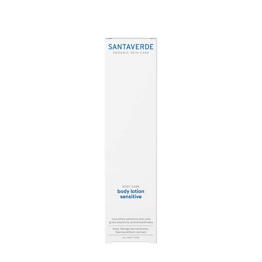 Weiße Verpackung SANTAVERDE organic skin care body lotion sensitive. Produkt für empfindliche Haut.