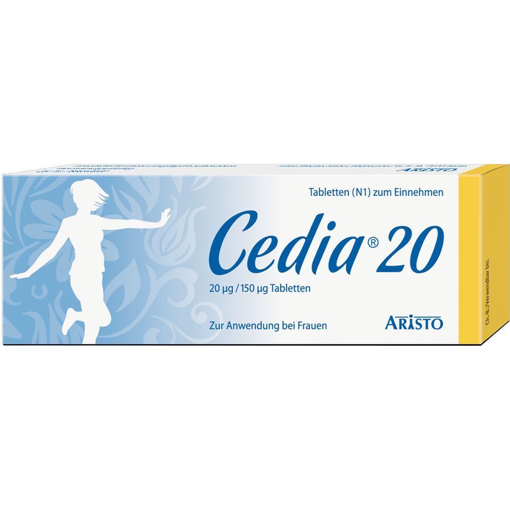 Schachtel Cadia® 20. Blaue und weiße Verpackung mit Produktnamen und Logo. Enthält Tabletten.