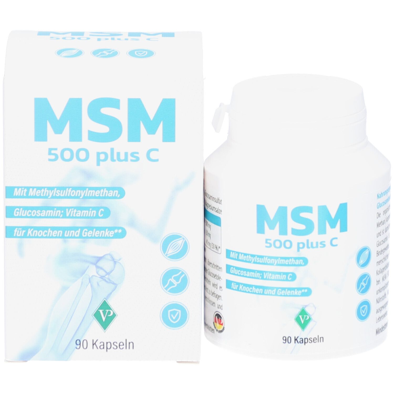 Produktpackung und Flasche. Aufschrift: MSM 500 plus C. Mit Methylsulfonylmethan, Glucosamin, Vitamin C. 90 Kapseln. VP-Logo.