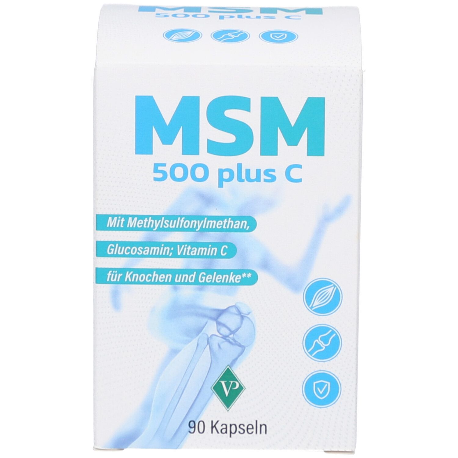 Produktpackung. Aufschrift: MSM 500 plus C. Mit Methylsulfonylmethan, Glucosamin, Vitamin C. 90 Kapseln. VP-Logo.