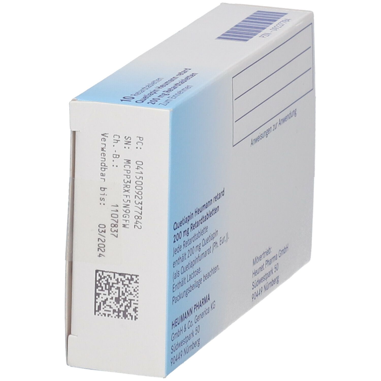 Quetiapin Heumann retard 200 mg Packung, Seitenansicht. Weiße Schachtel mit Produktinformationen und QR-Code.