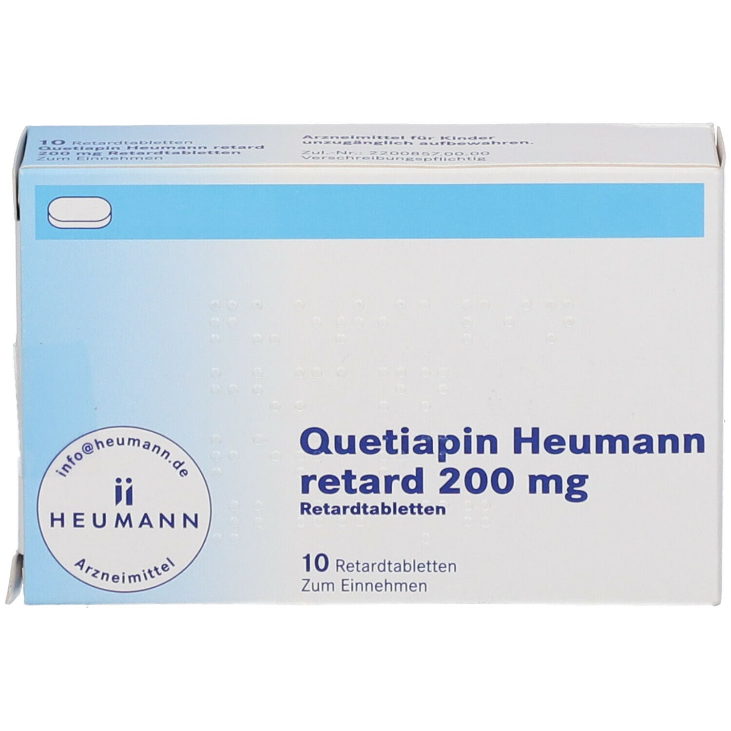 Quetiapin Heumann retard 200 mg Packung. Blaue und weiße Schachtel mit Produktnamen und Logo. 10 Retardtabletten.