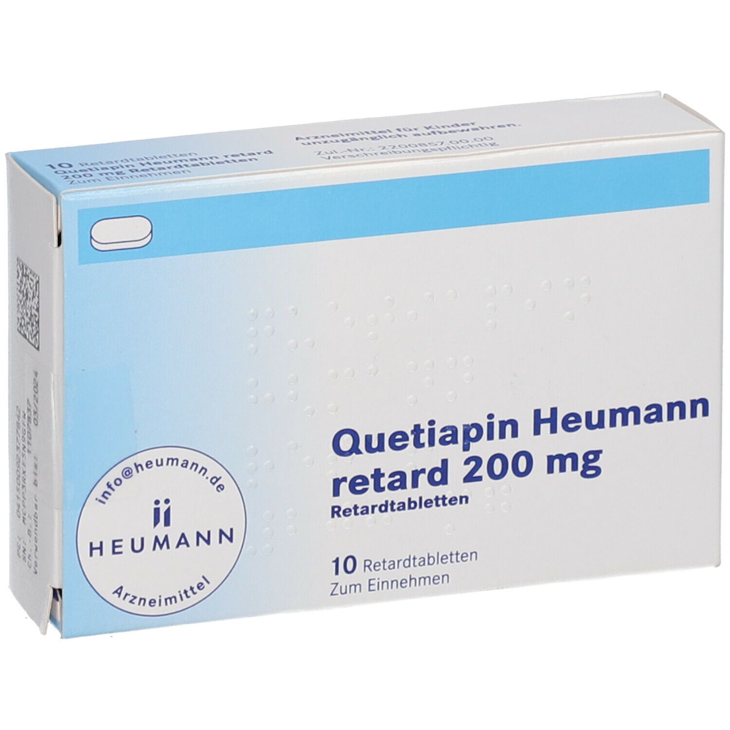 Quetiapin Heumann retard 200 mg Packung. Blaue und weiße Schachtel mit Produktnamen und Logo. 10 Retardtabletten.