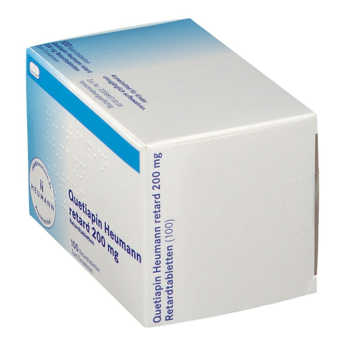Schachtel mit Aufschrift Quetiapin Heumann retard 200 mg. Blaue und weiße Farbgebung. 100 Retardtabletten.