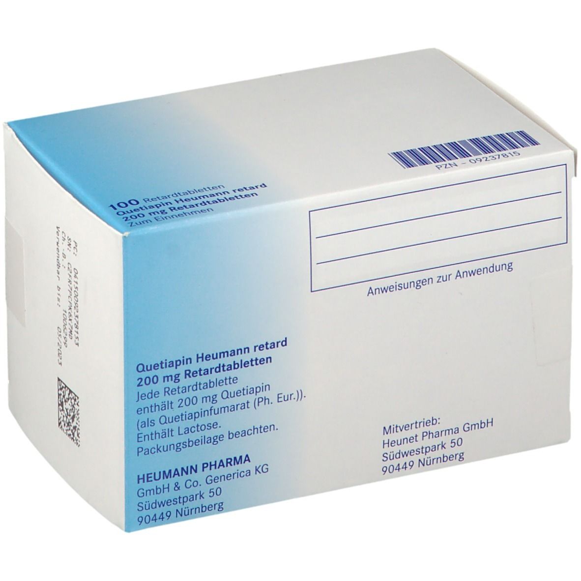 Schachtel mit Aufschrift Quetiapin Heumann retard 200 mg. Enthält 100 Retardtabletten. Text in Deutsch.