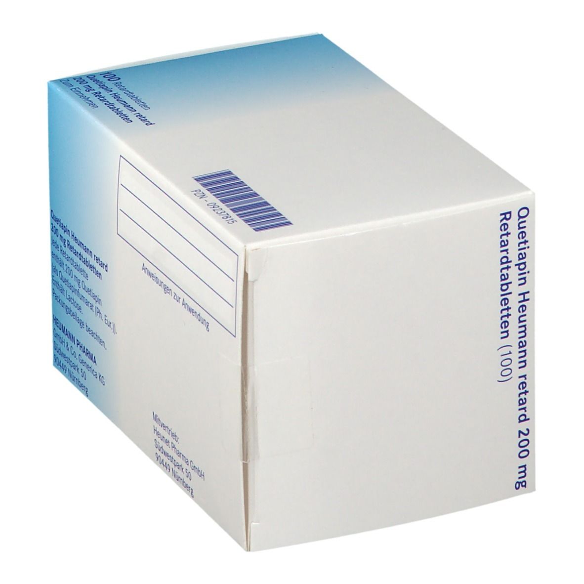 Schachtel mit Aufschrift Quetiapin Heumann retard 200 mg. Enthält 100 Retardtabletten. Text in Deutsch.