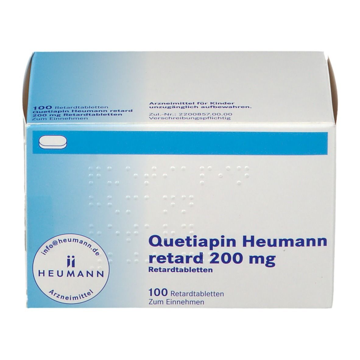 Schachtel mit Aufschrift Quetiapin Heumann retard 200 mg. Blaue und weiße Farbgebung. 100 Retardtabletten.