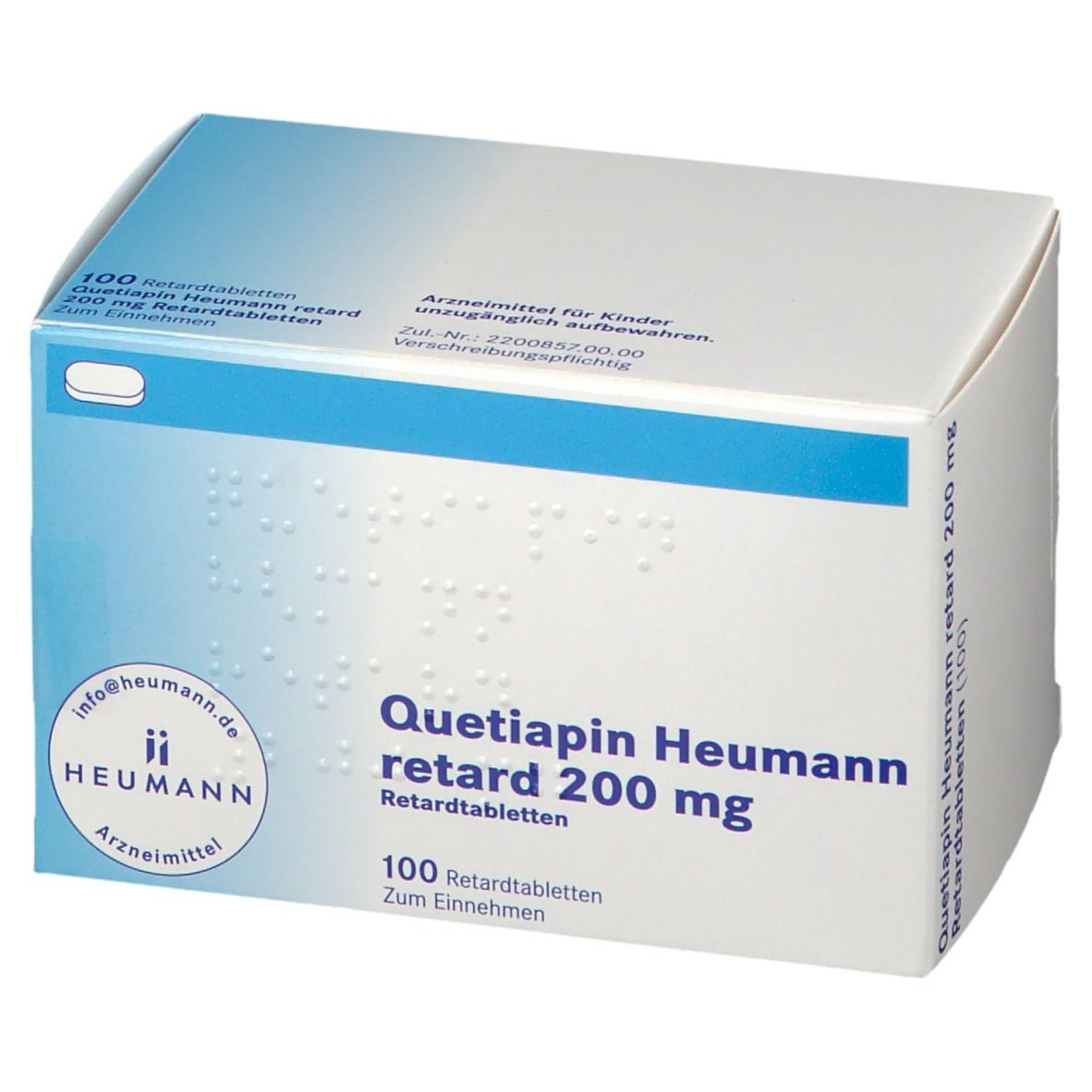Schachtel mit Aufschrift Quetiapin Heumann retard 200 mg. Blaue und weiße Farbgebung. 100 Retardtabletten.