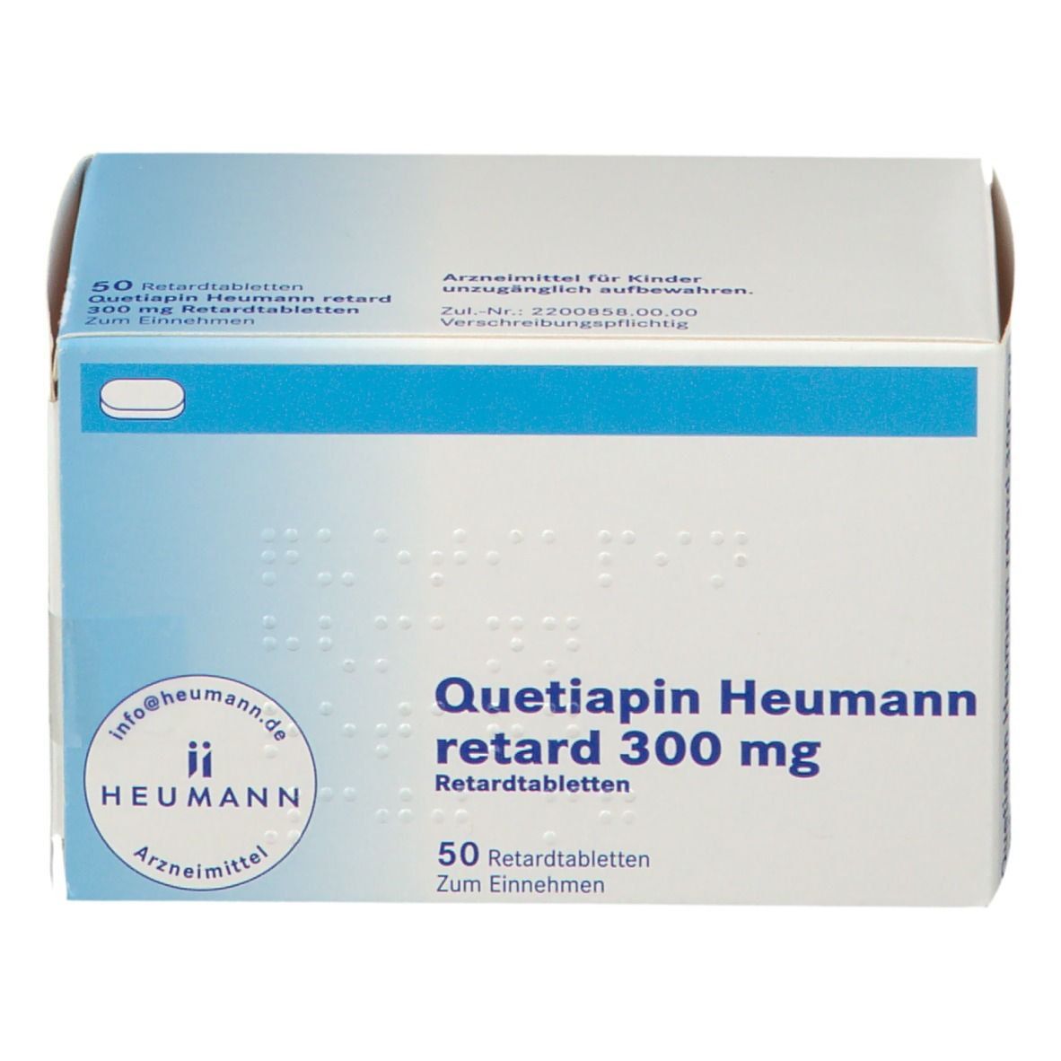 Quetiapin Heumann retard 300 mg Packung. Vorderseite mit Produktname, Dosierung, und Heumann Logo. 50 Retardtabletten.