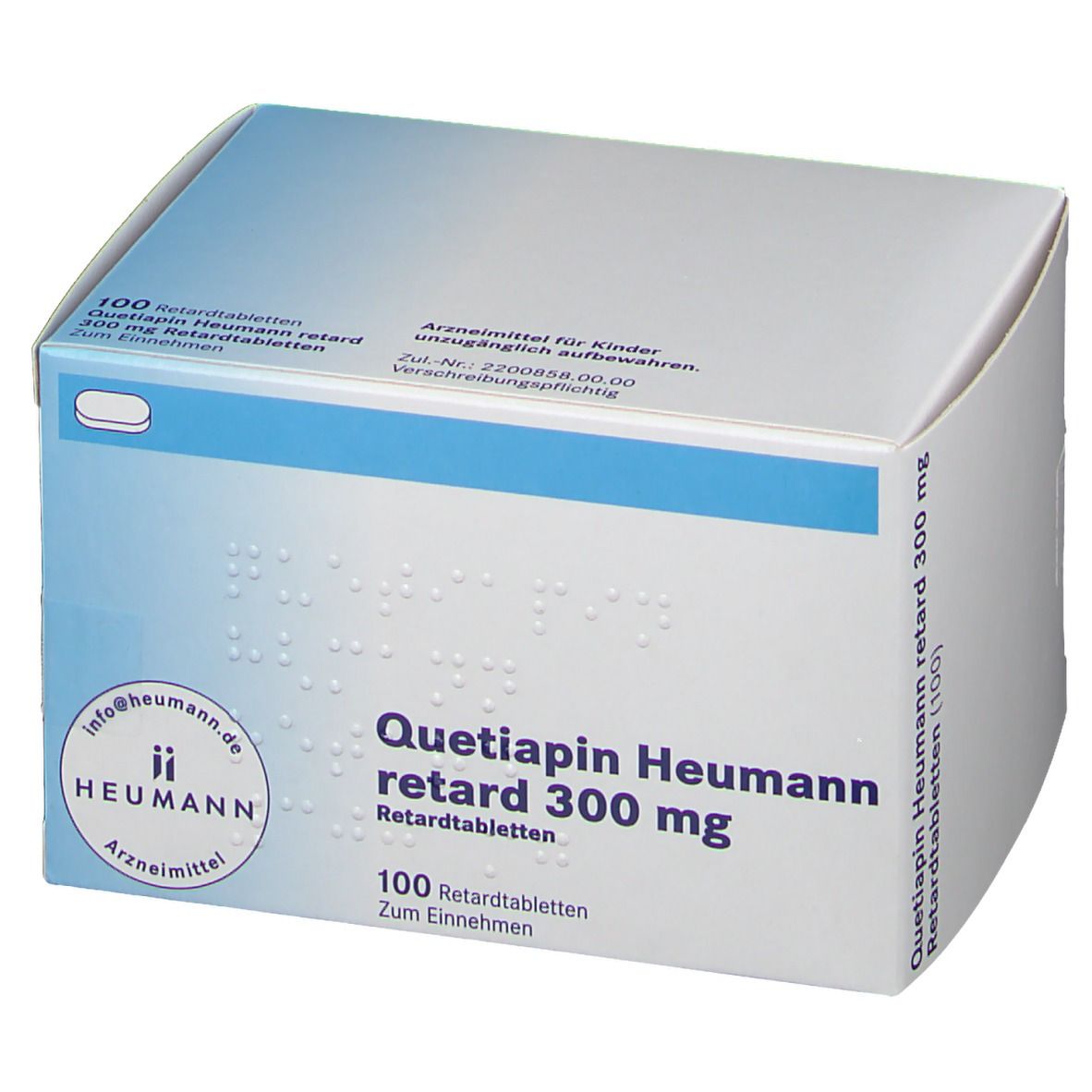 Schachtel QUETIAPIN Heumann retard 300 mg Retardtabletten. 100 Tabletten. Heumann-Logo. Blaue und weiße Verpackung.