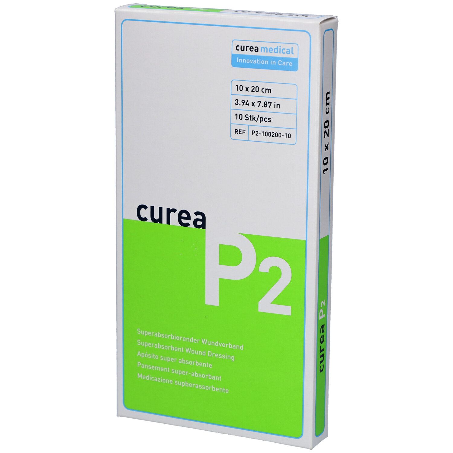 Verpackung von curea P2 Superabsorbierender Wundverband. Maße: 10 x 20 cm. Grün-weiße Schachtel mit Produktinformationen und Logo.