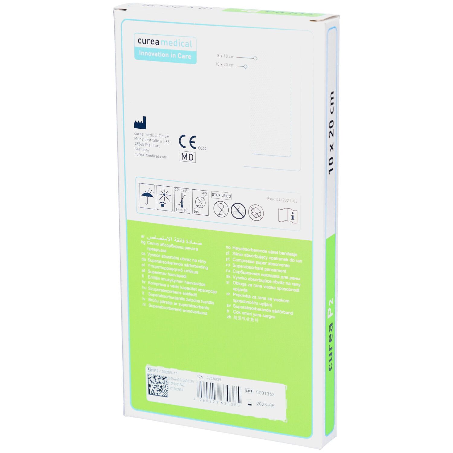 Rückseite der curea P2 Verpackung. Enthält Informationen, Symbole und Zertifizierungen. Maße: 10 x 20 cm.