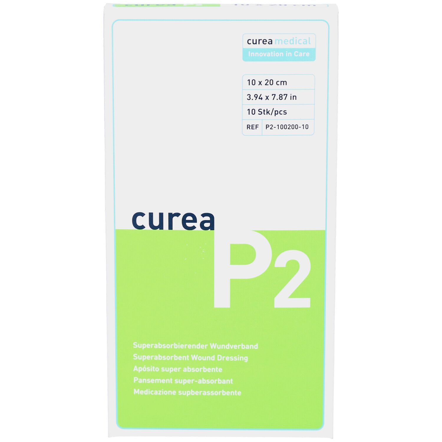Vorderseite der curea P2 Verpackung. Maße: 10 x 20 cm. Grün-weiße Schachtel mit Produktinformationen und Logo.