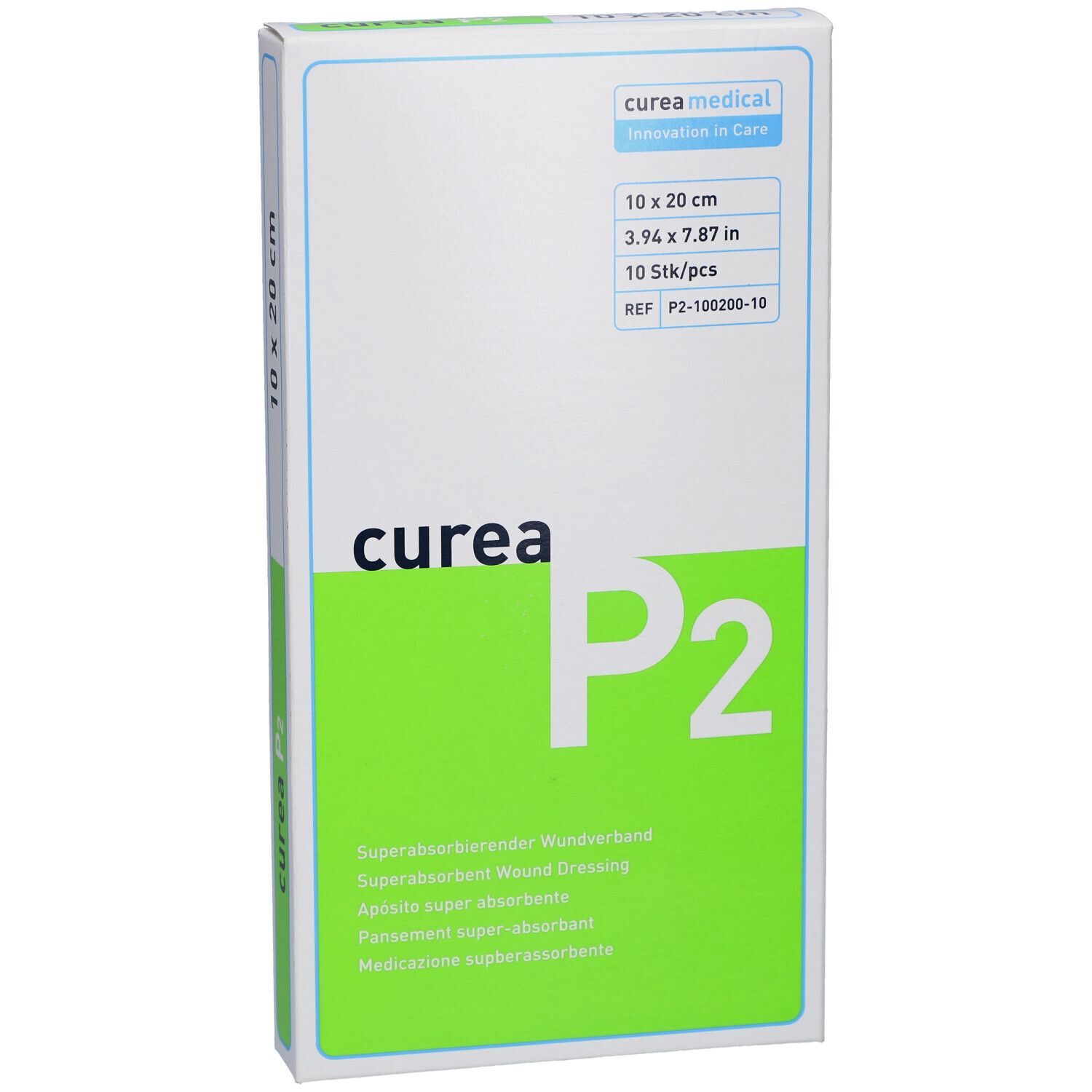 Vorderseite der curea P2 Verpackung. Maße: 10 x 20 cm. Grün-weiße Schachtel mit Produktinformationen und Logo.