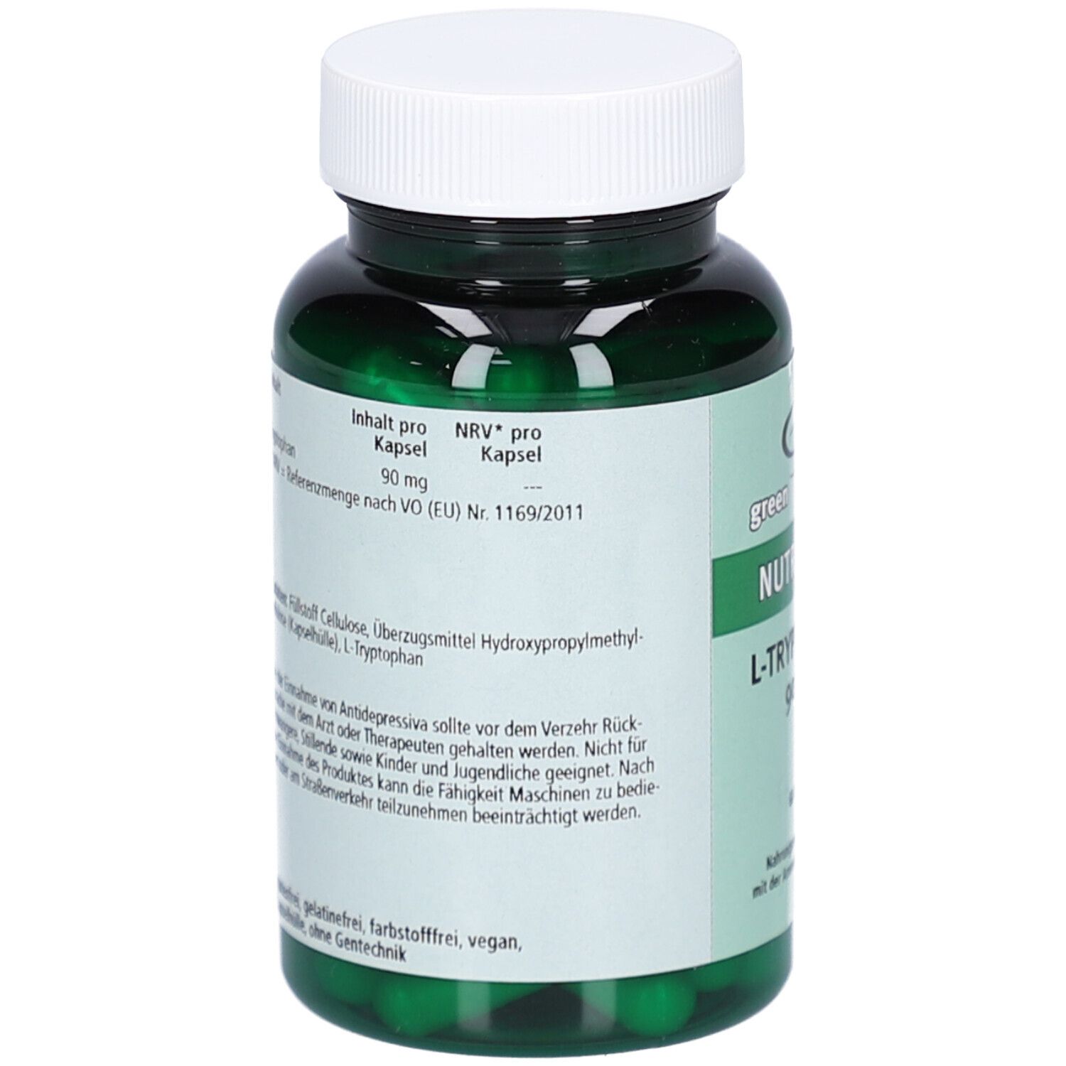 Rückseite einer grünen Flasche mit weißen Beschriftungen. Enthält Informationen zu Inhaltsstoffen und Nährwerten.