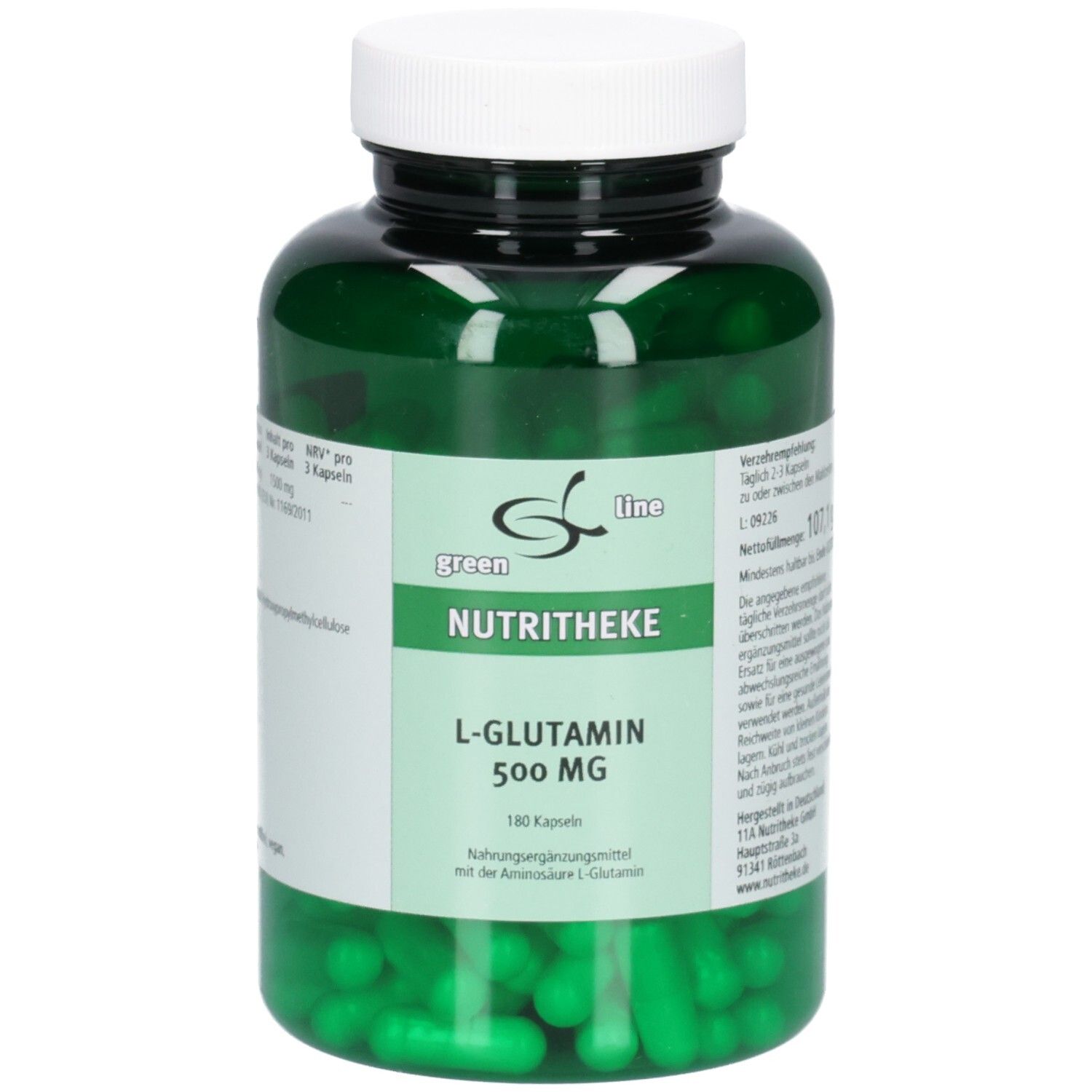 Grüne Kapseln in einer grünen Plastikflasche mit weißem Deckel. Aufschrift: green line NUTRITHEKE L-Glutamin 500 MG. Etikett mit Informationen.
