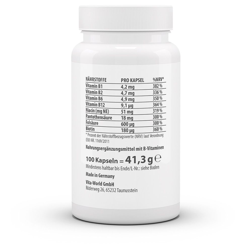 Rückseite der weißen Flasche. Text: Nährstoffe, 100 Kapseln = 41,3g, Vita World GmbH. Informationen zu Vitaminen.