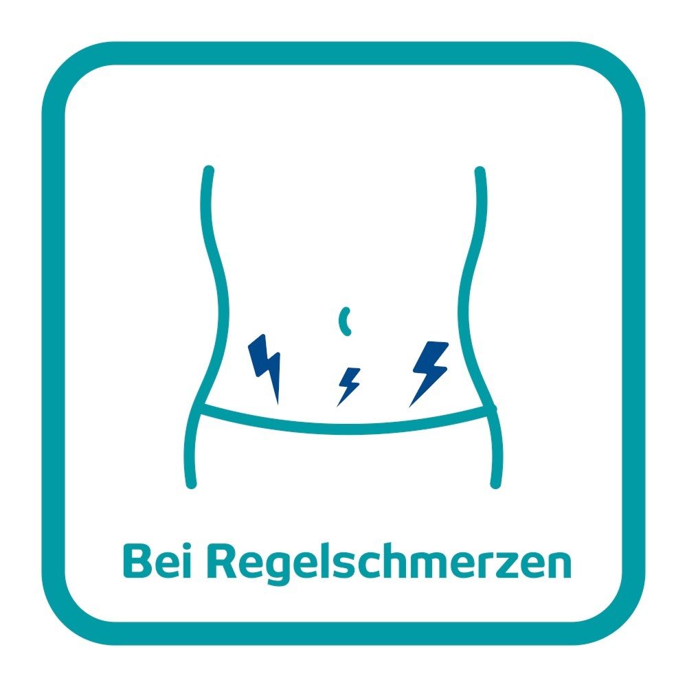 Symbol für Regelschmerzen: weiblicher Unterleib mit Schmerzblitzen.