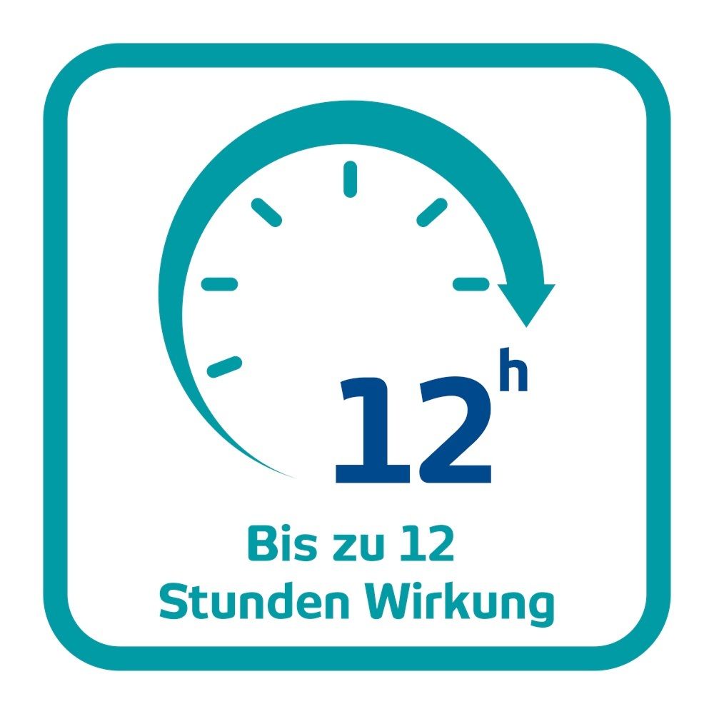Symbol für bis zu 12 Stunden Wirkung: Uhr mit Pfeil und "12h".