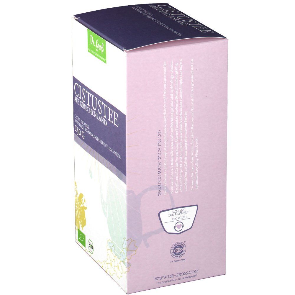Verpackung von Cistustee. Aufschrift: Cistustee, 150g, Bio-Siegel. Rückseite mit Text und Recycling-Symbol. Marke: Dr. Groß.