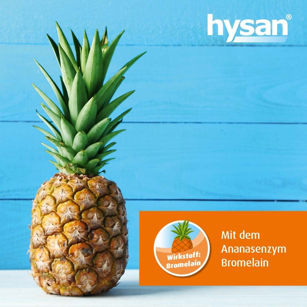 Ananas mit orangefarbenem Feld. Text: Ananasenzym Bromelain. Wirkstoff: Bromelain.