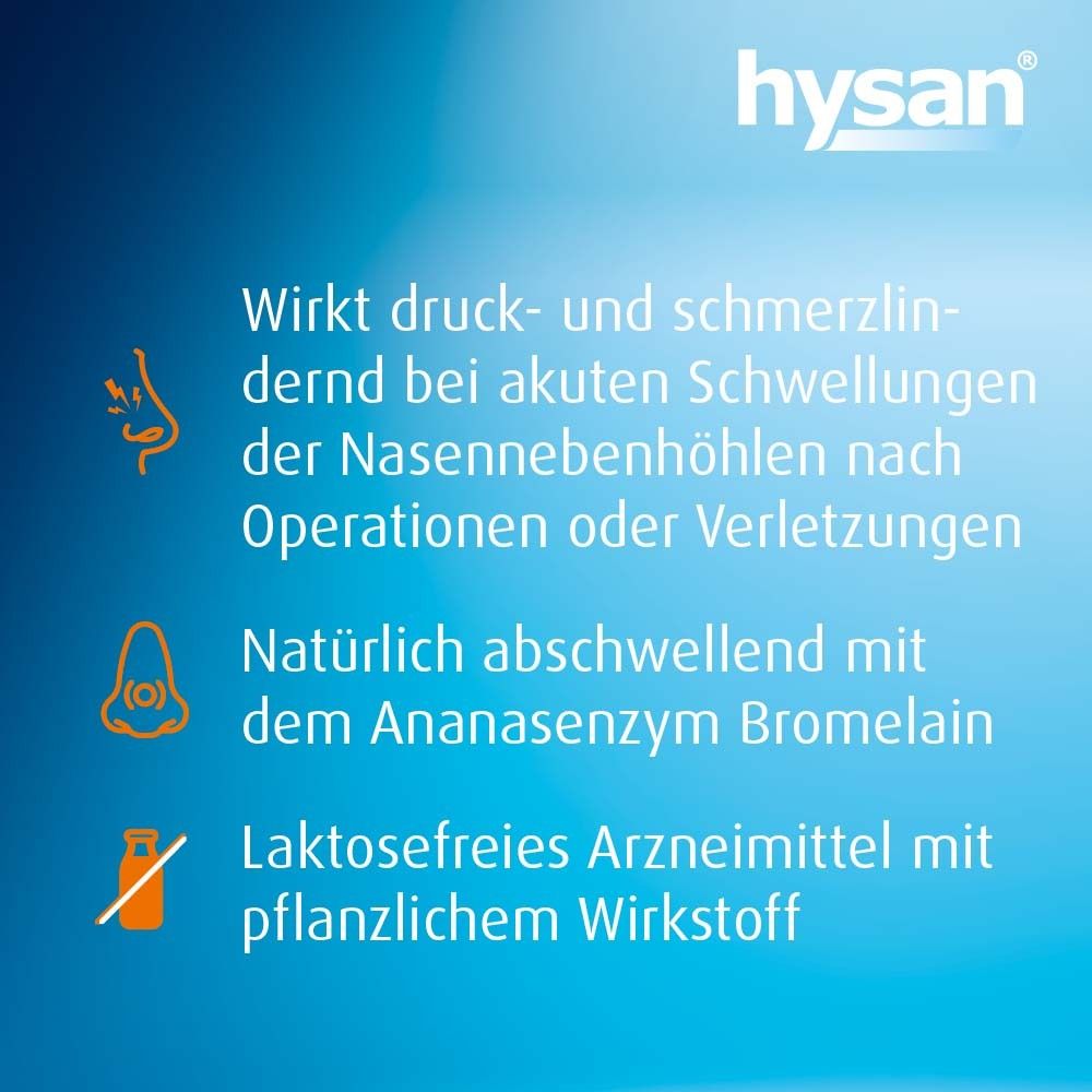 Text auf blauem Hintergrund. Wirkt druck- und schmerzlindernd. Natürliche Abschwellung. Laktosefreies Arzneimittel.