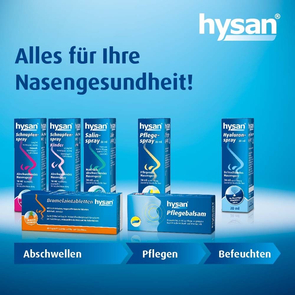 Verschiedene hysan®-Produkte. Nasenpflege-Produkte. Bromelaintabletten hysan®-Packung.