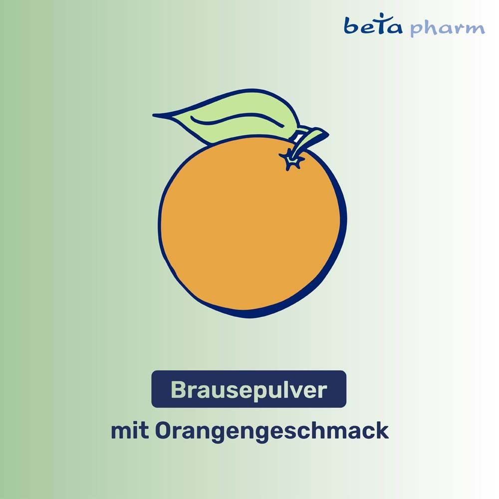 Illustration einer Orange mit Blatt. Text: Brausepulver mit Orangengeschmack.